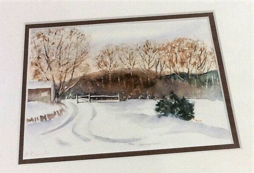 Framed watercolor Winter Landscape under the snow by D.Camelo