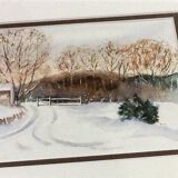 Framed watercolor Winter Landscape under the snow by D.Camelo