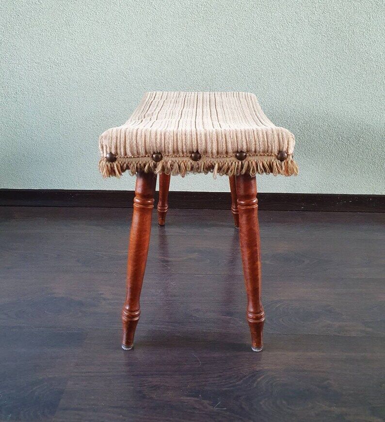 Wooden footrest with fringed fabric upholstery, 1970