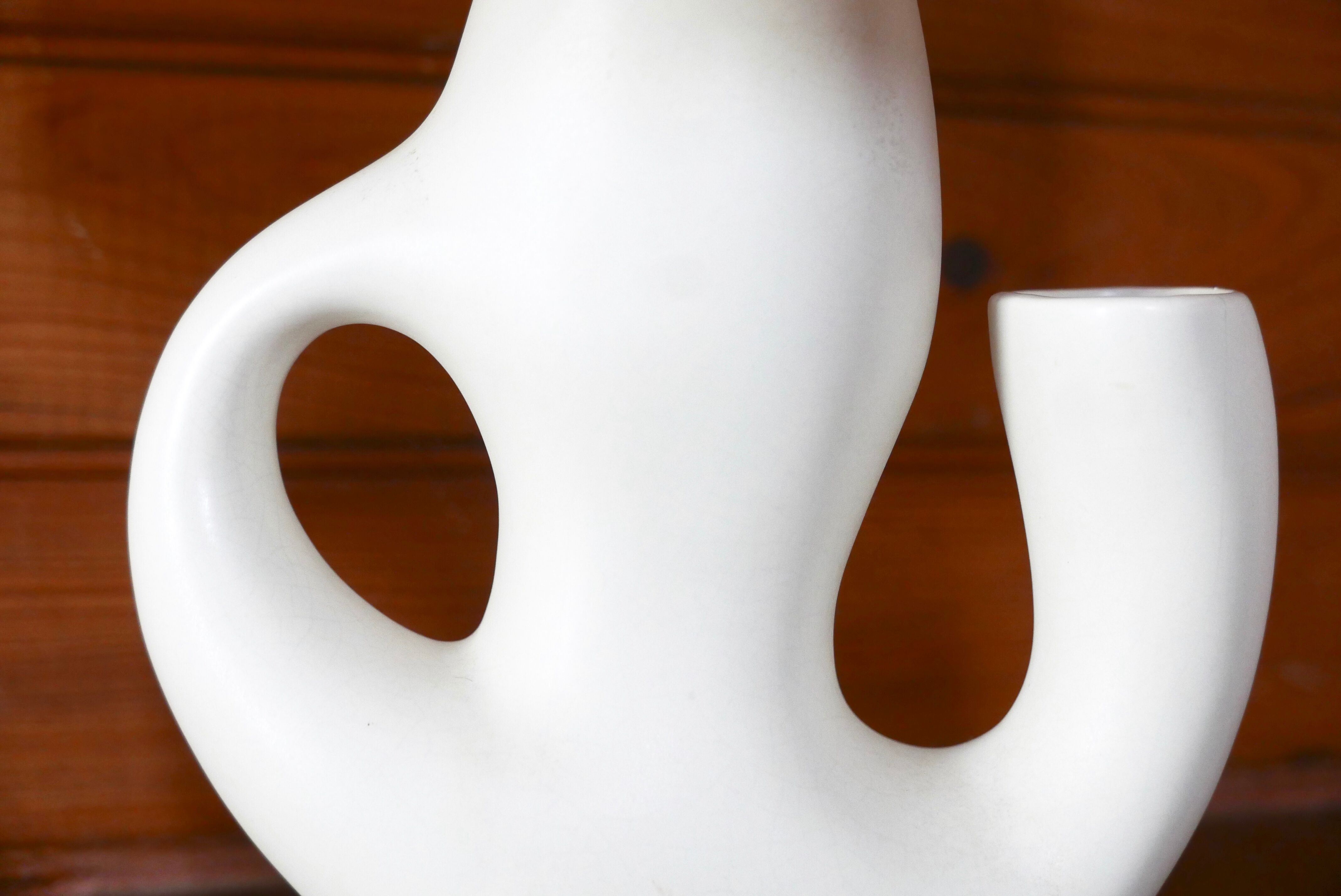 Revernay ceramic white lamp, raffia lampshade, 1950s