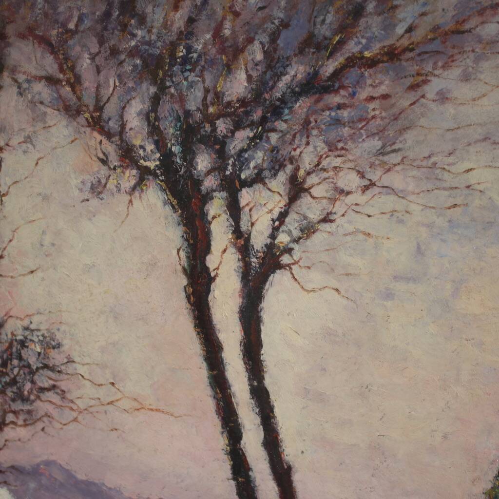 Peinture de paysage enneigé italien signée et datée de 1932.