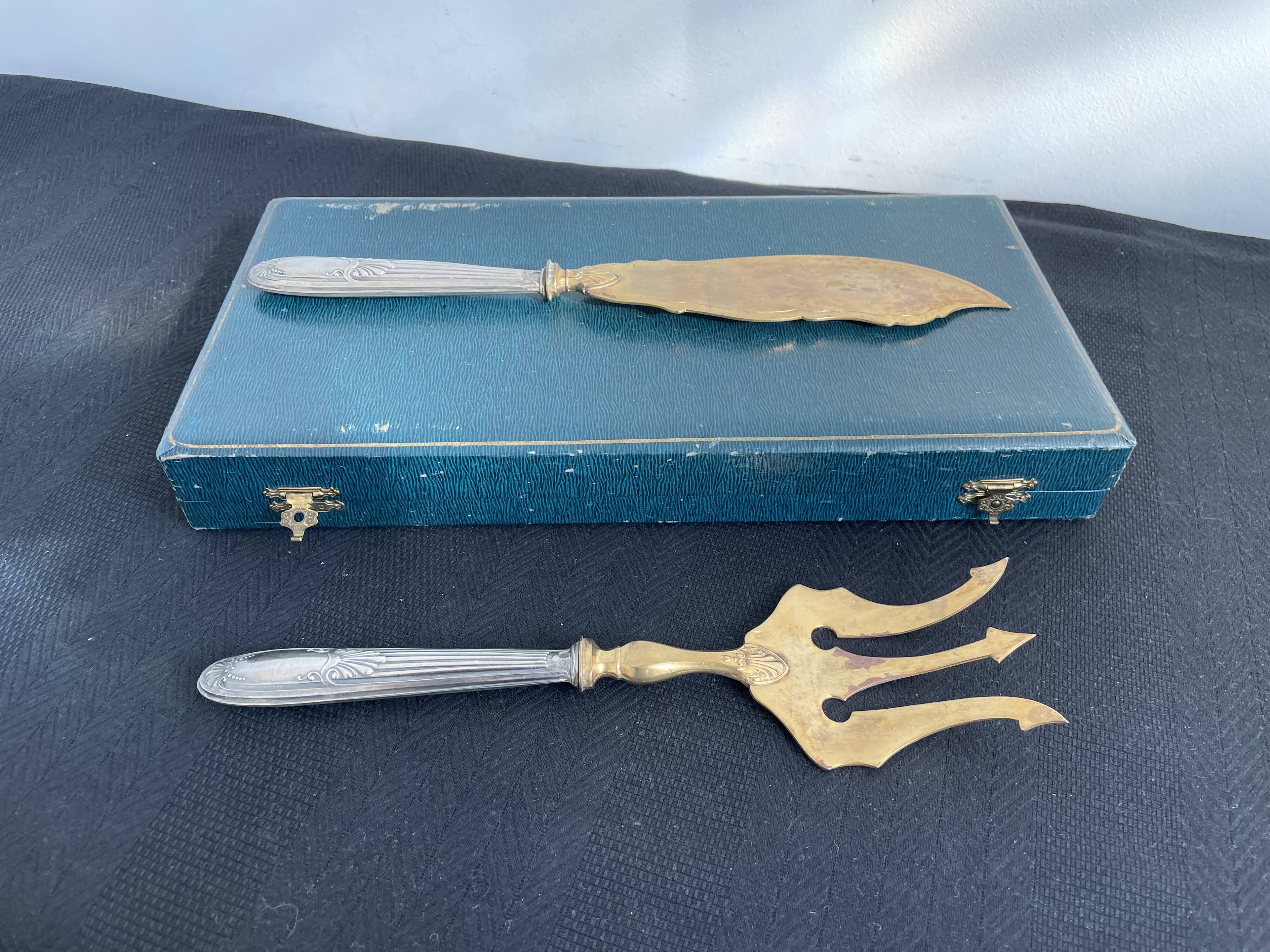 Antique, fish service cover, stuffed silver, gilded metal, France