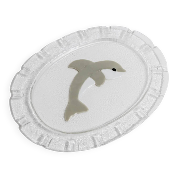 XL Transparent Murano Glass Dolphin Serving Platter – Oval, 1980s Italy, Vintage Table Decor