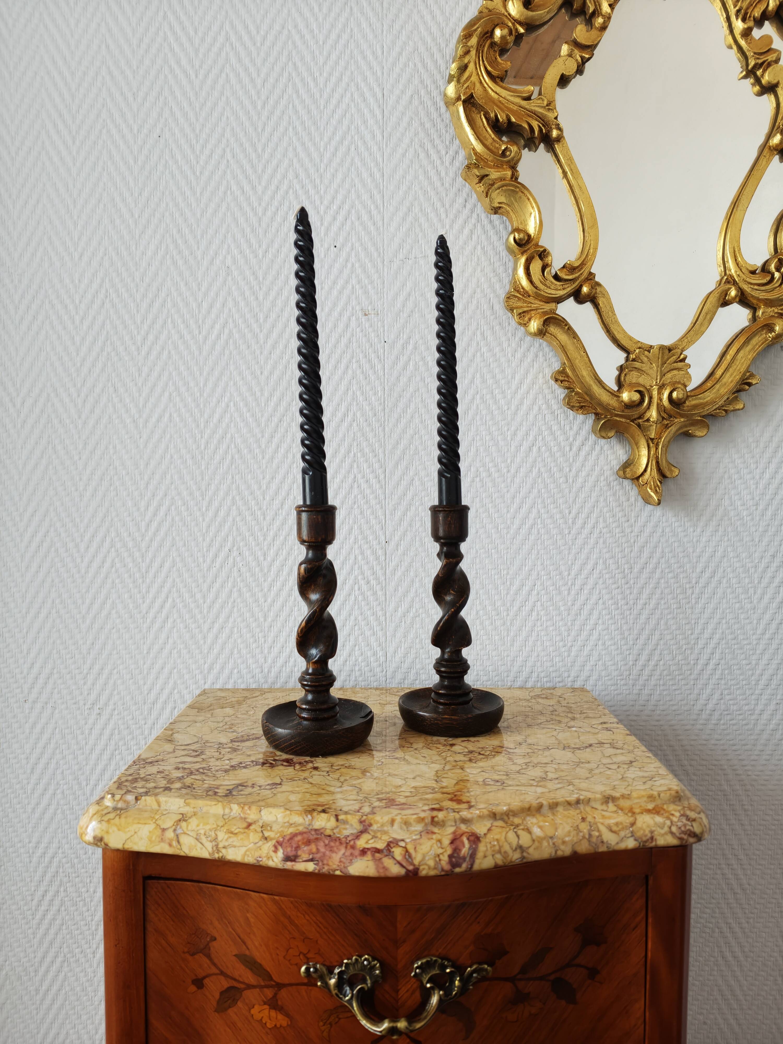 Pair of twisted wood candlesticks (Barley twist)