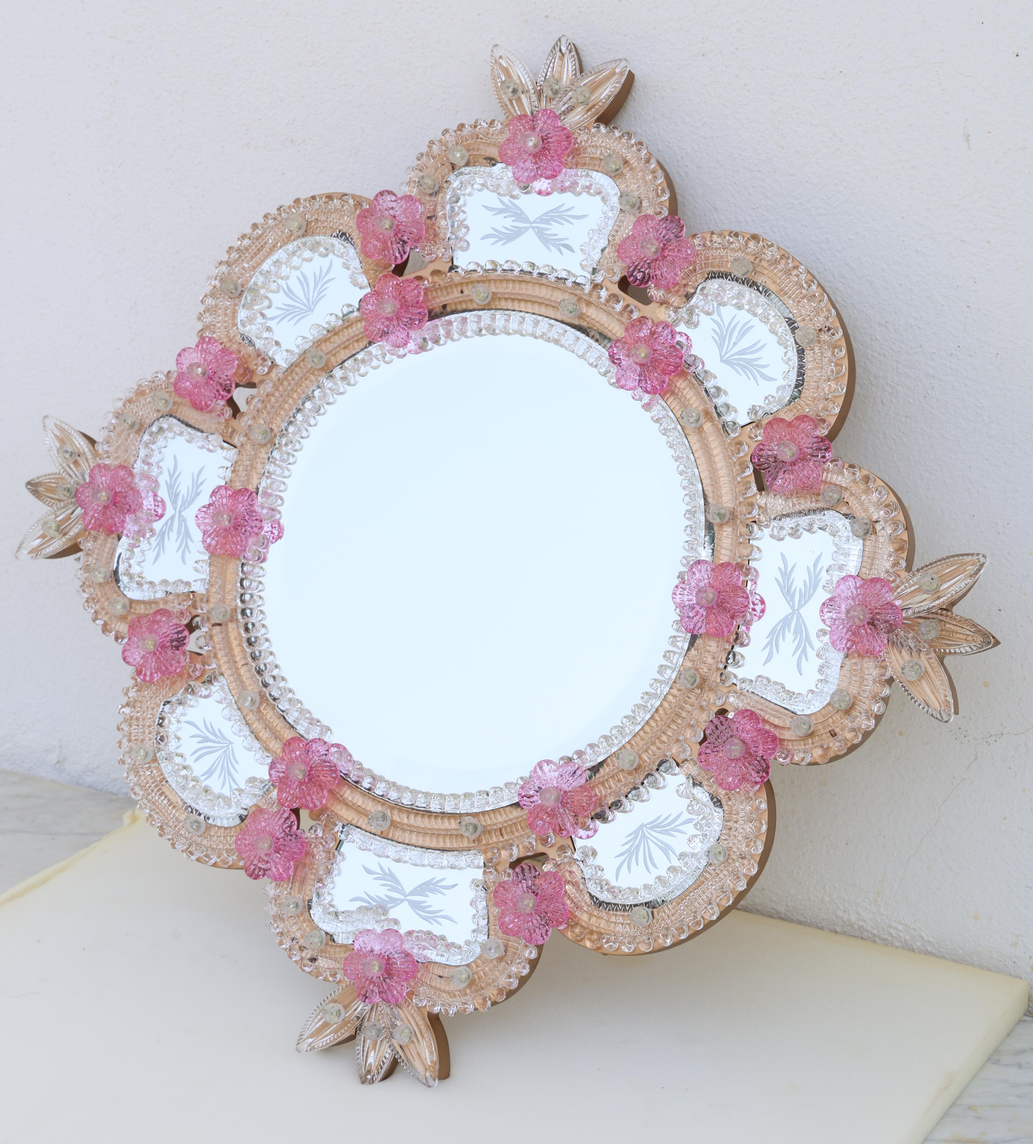 Exceptional Vintage Pink Murano Glass Wall Mirror