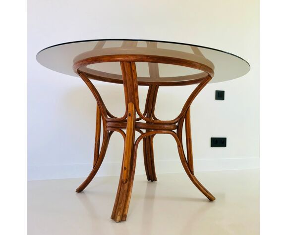 Rattan table and smoked glass top, France 70s
