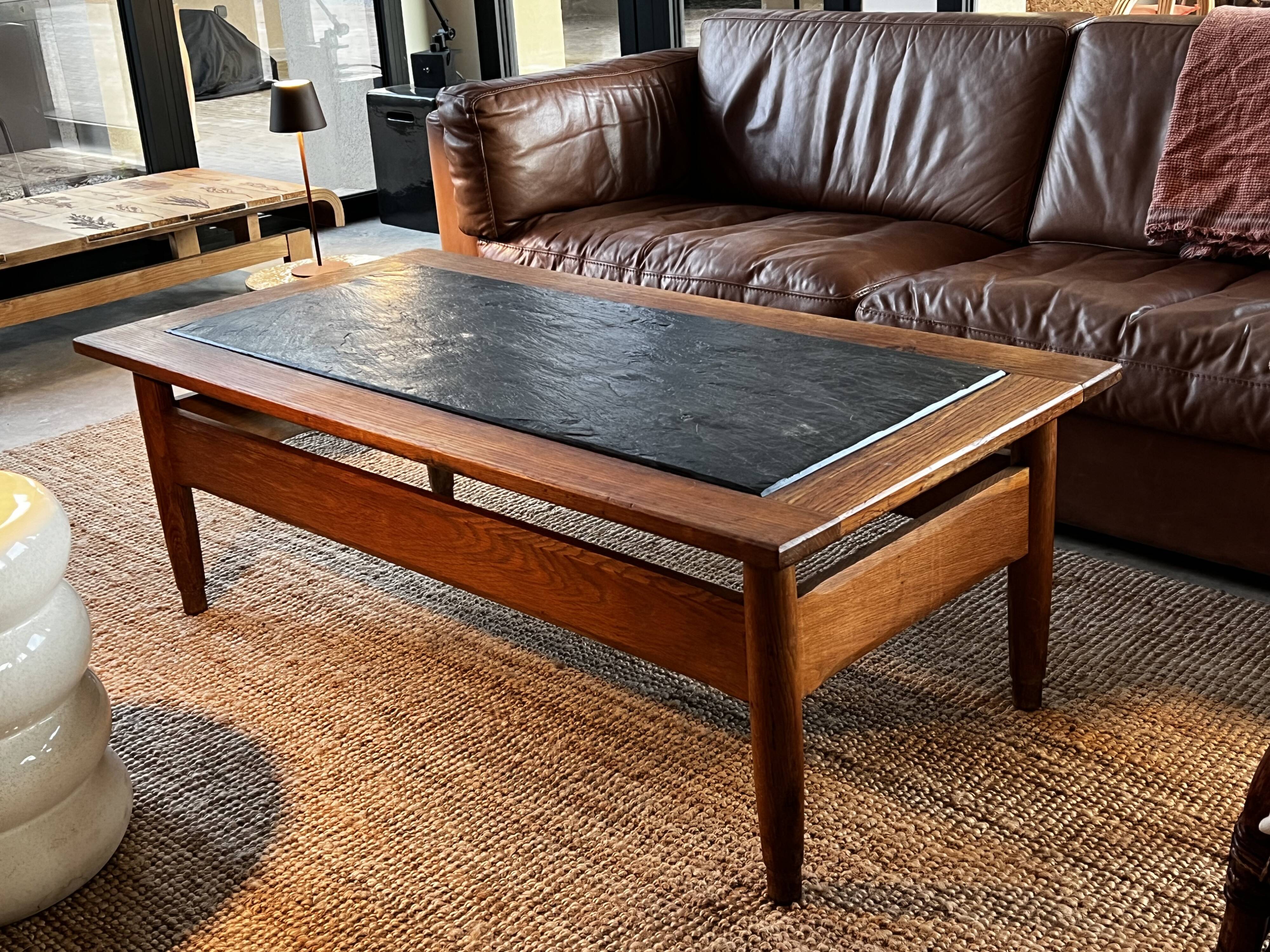 Vintage 1960s oak coffee table with slate top