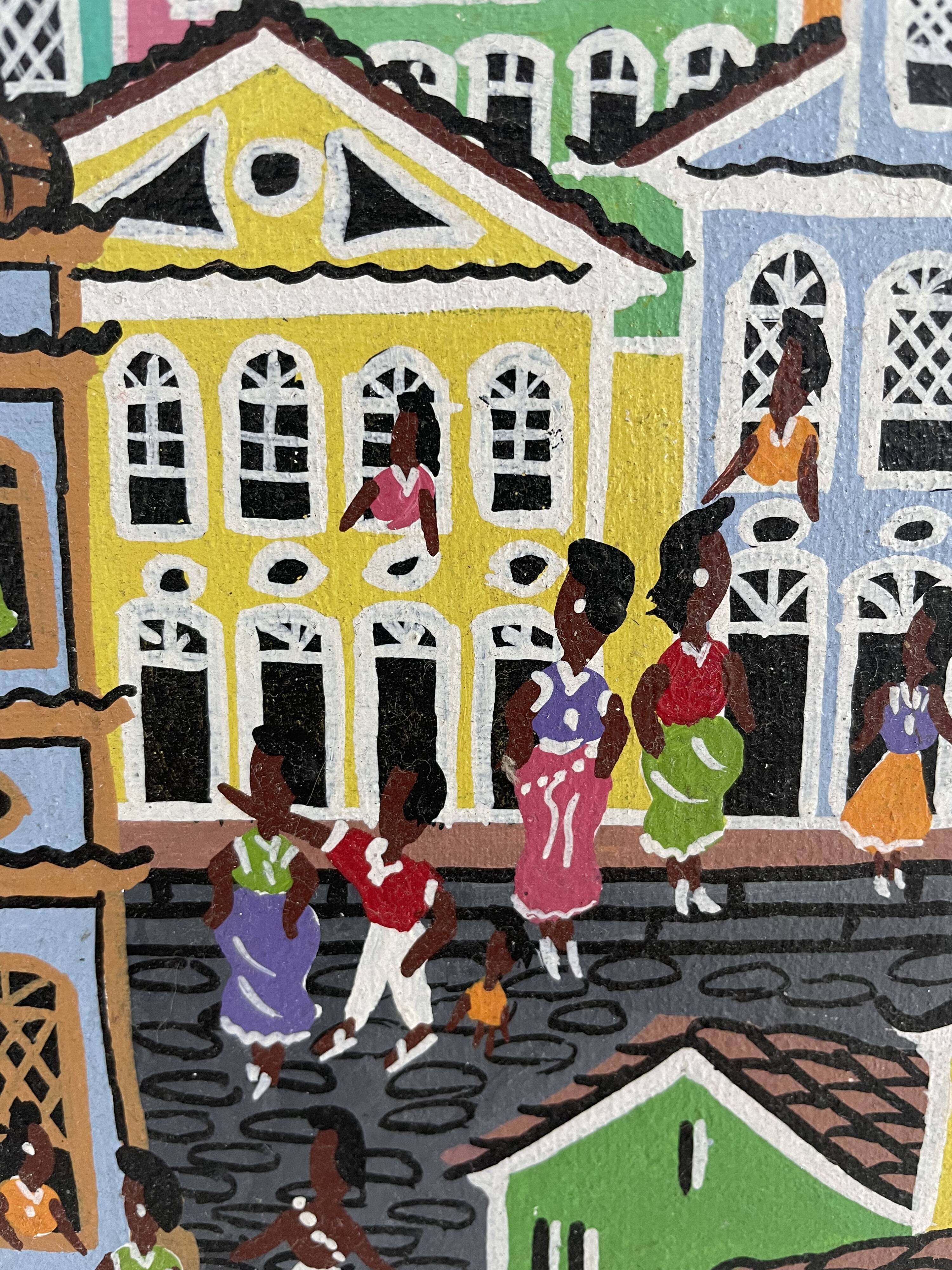 Acrylic painting, naive art, street scene Brazil, colorful colonial houses, sea, sailing boats