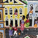 Acrylic painting, naive art, street scene Brazil, colorful colonial houses, sea, sailing boats