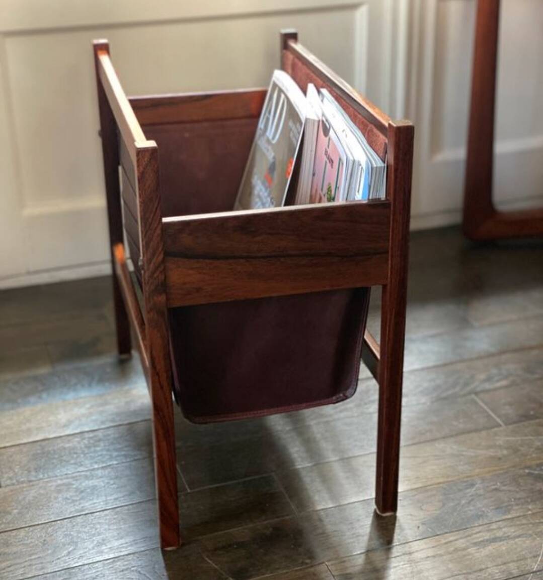 Scandinavian magazine rack/vinyl rack in Rio rosewood and leather by Torbjørn Afdal