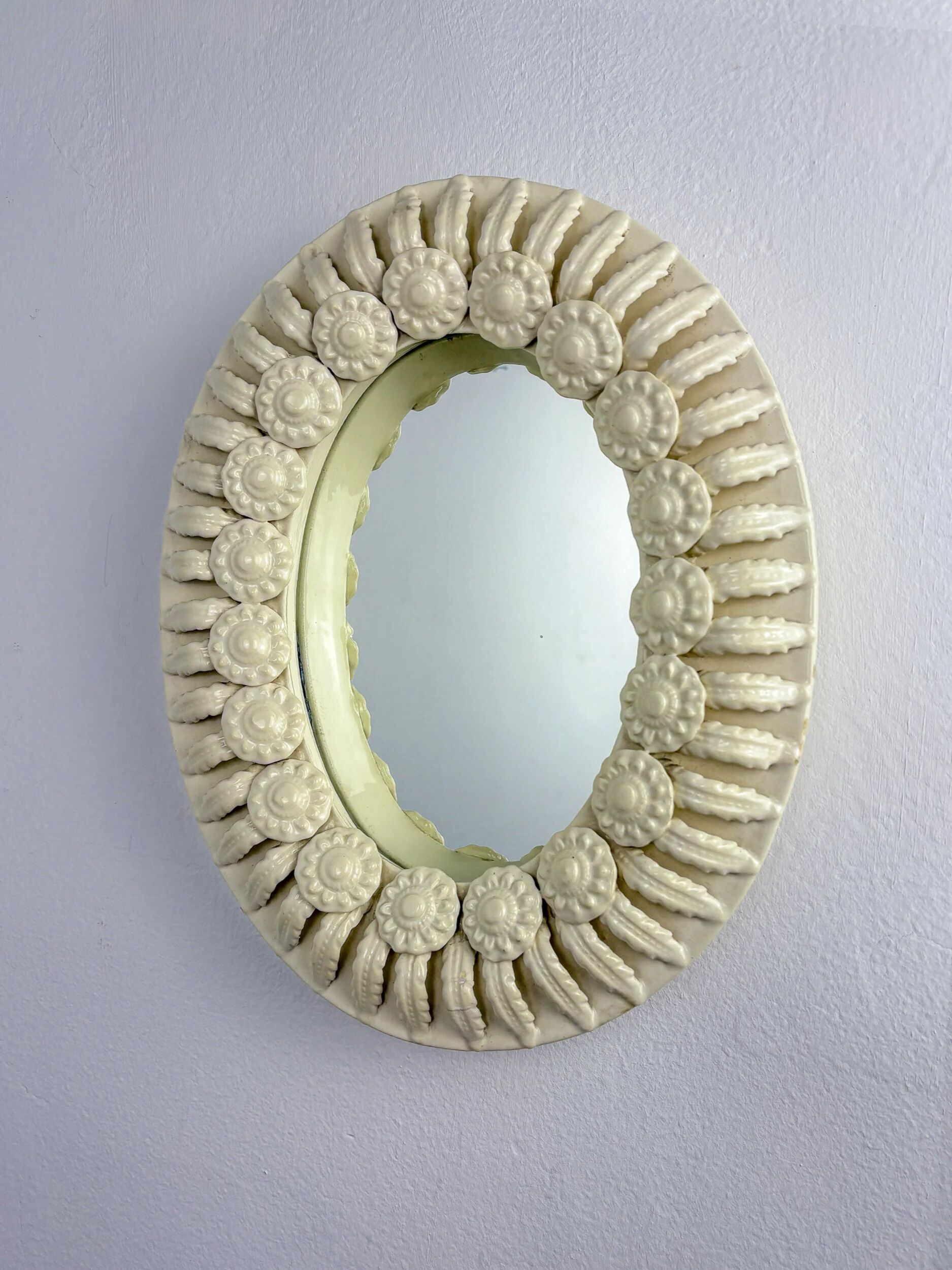 Spanish floral ceramic mirror from Manises, Spain, circa 1970s