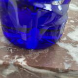 Soliflore vase, tubular, blue crystal, foliage decoration, encrypted, label, hand cut, flowers