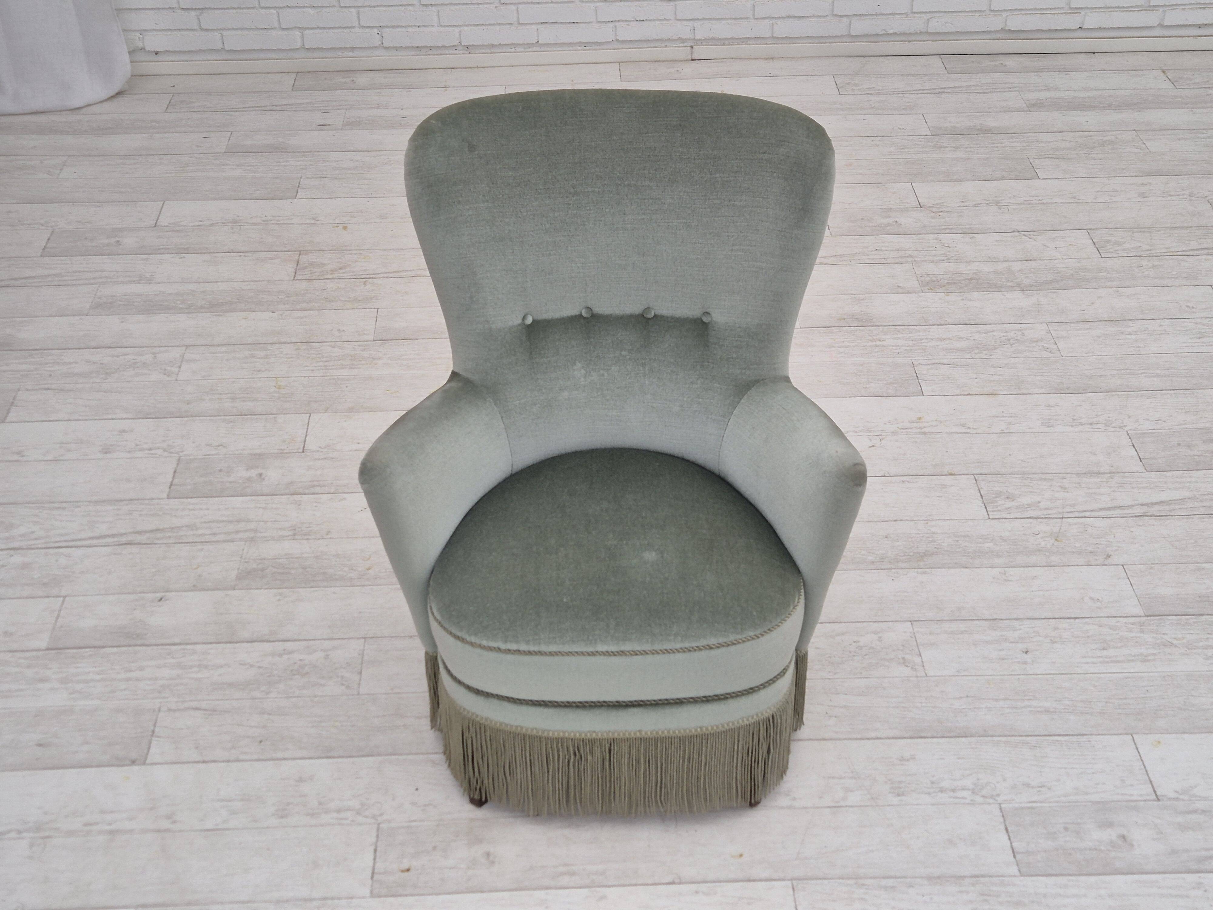 1970s, Danish armchair, original condition, furniture velour, beech wood legs.