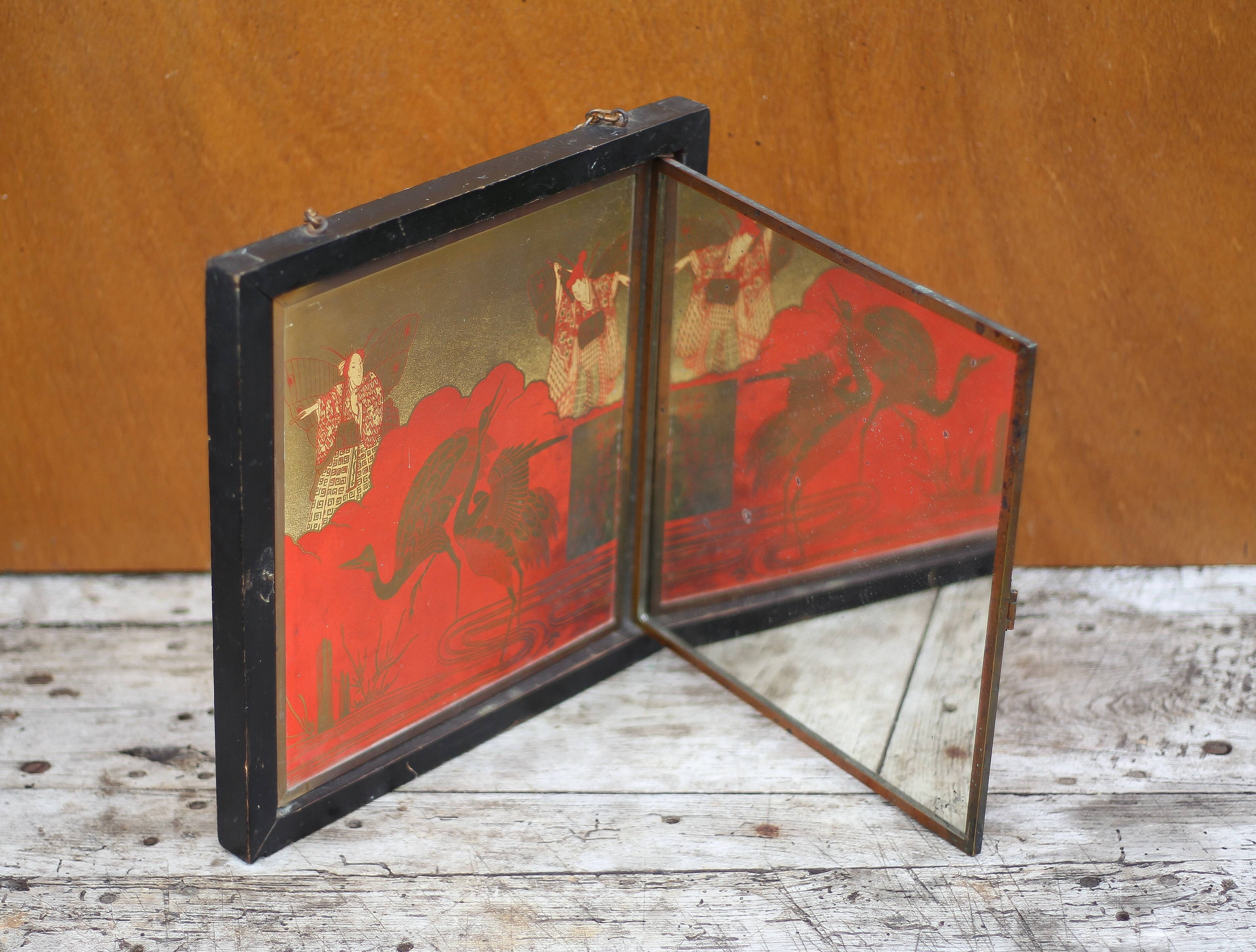 Vintage triptych mirror, wall mirror, barber mirror, collection, Asian pattern mirror