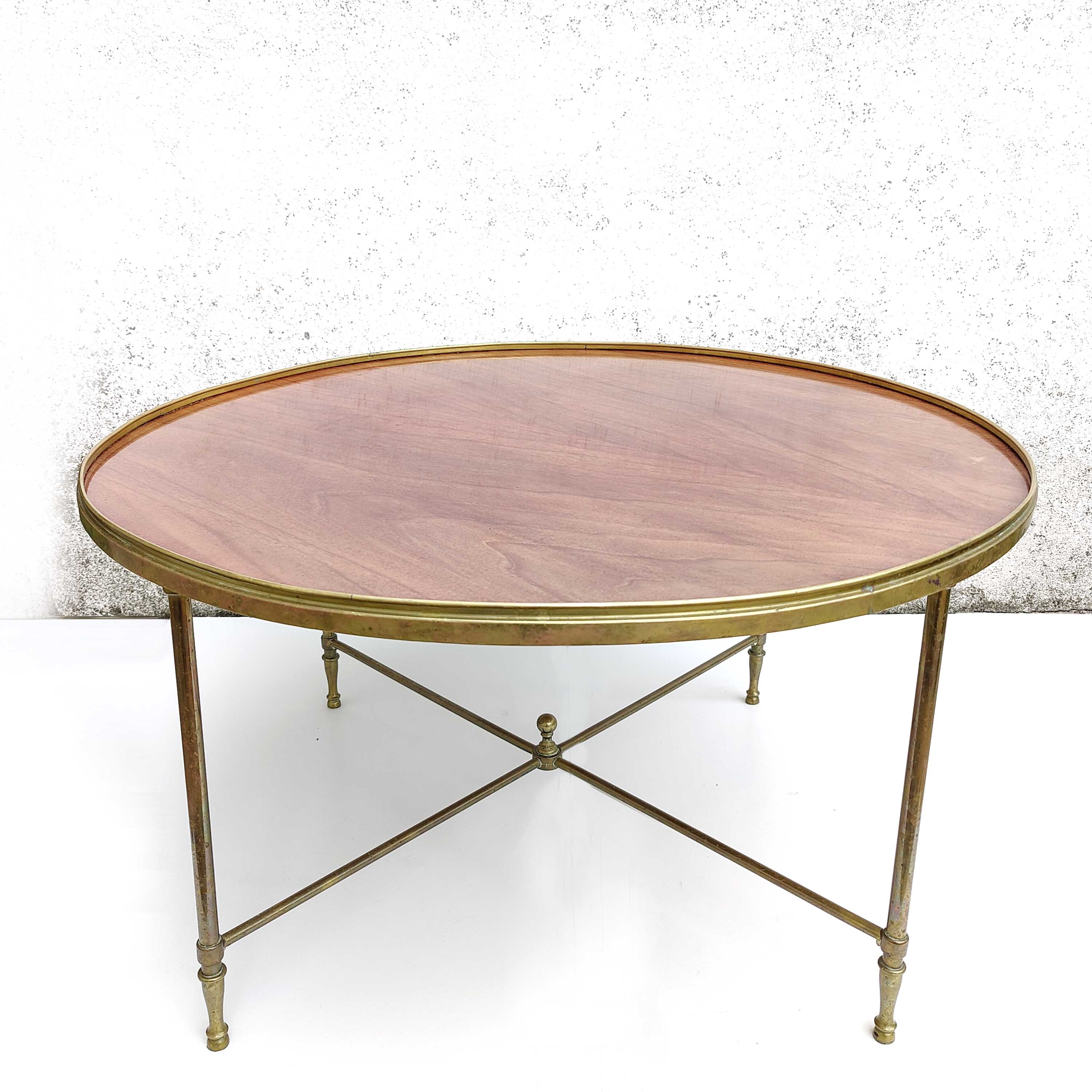 Round brass and wood coffee table