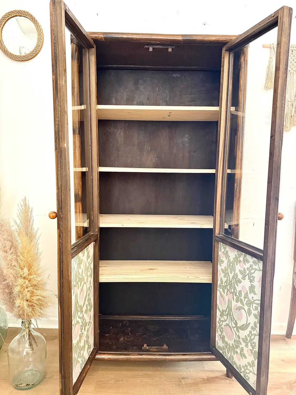 Glass cabinet in bamboo and cane