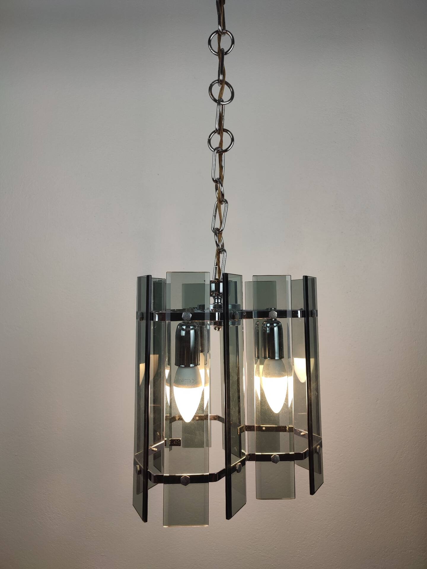 Mid-Century Suspension in Smoked Glass and Chrome Metal, Veca Style