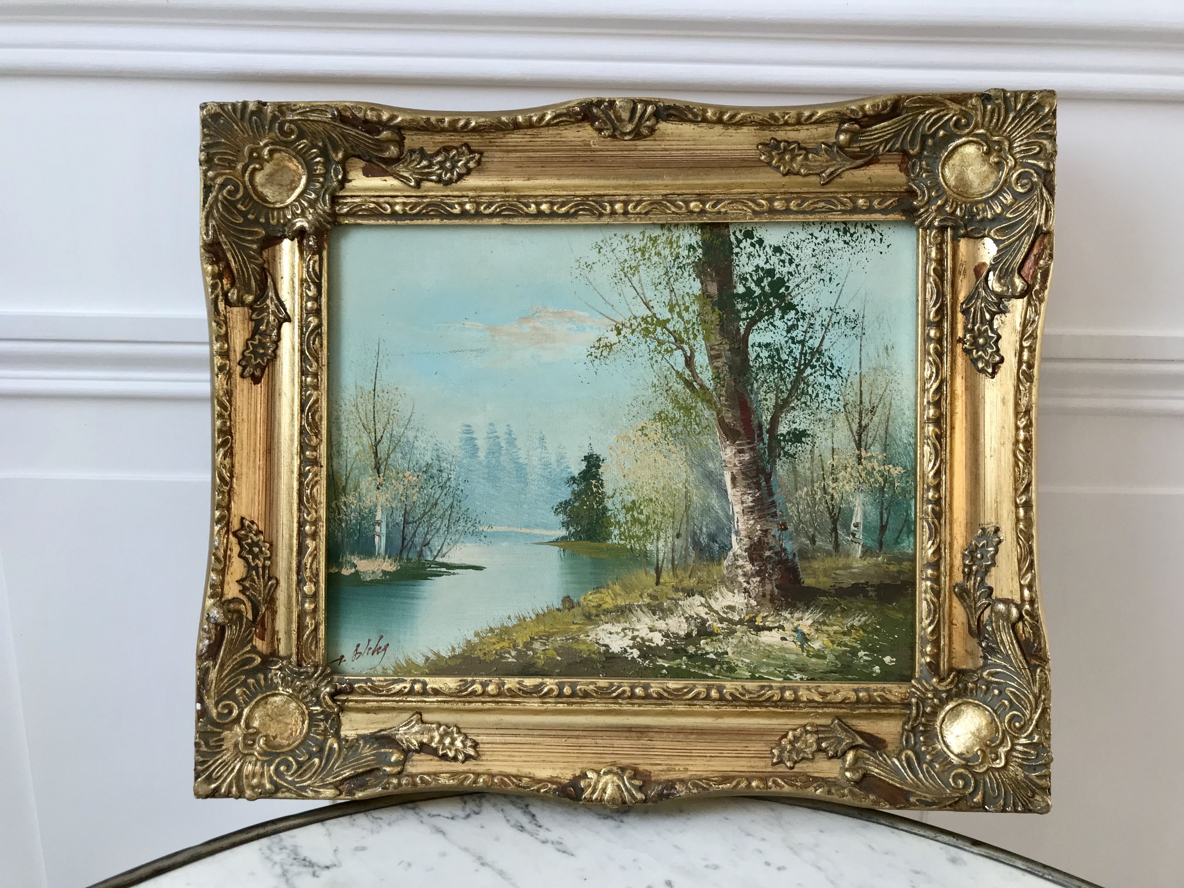 painting oil on canvas landscape river and forest frame wood signed years 40-50