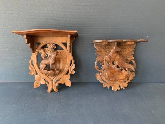 Black Forest carved wooden wall console, dog decor, folk art circa 1900