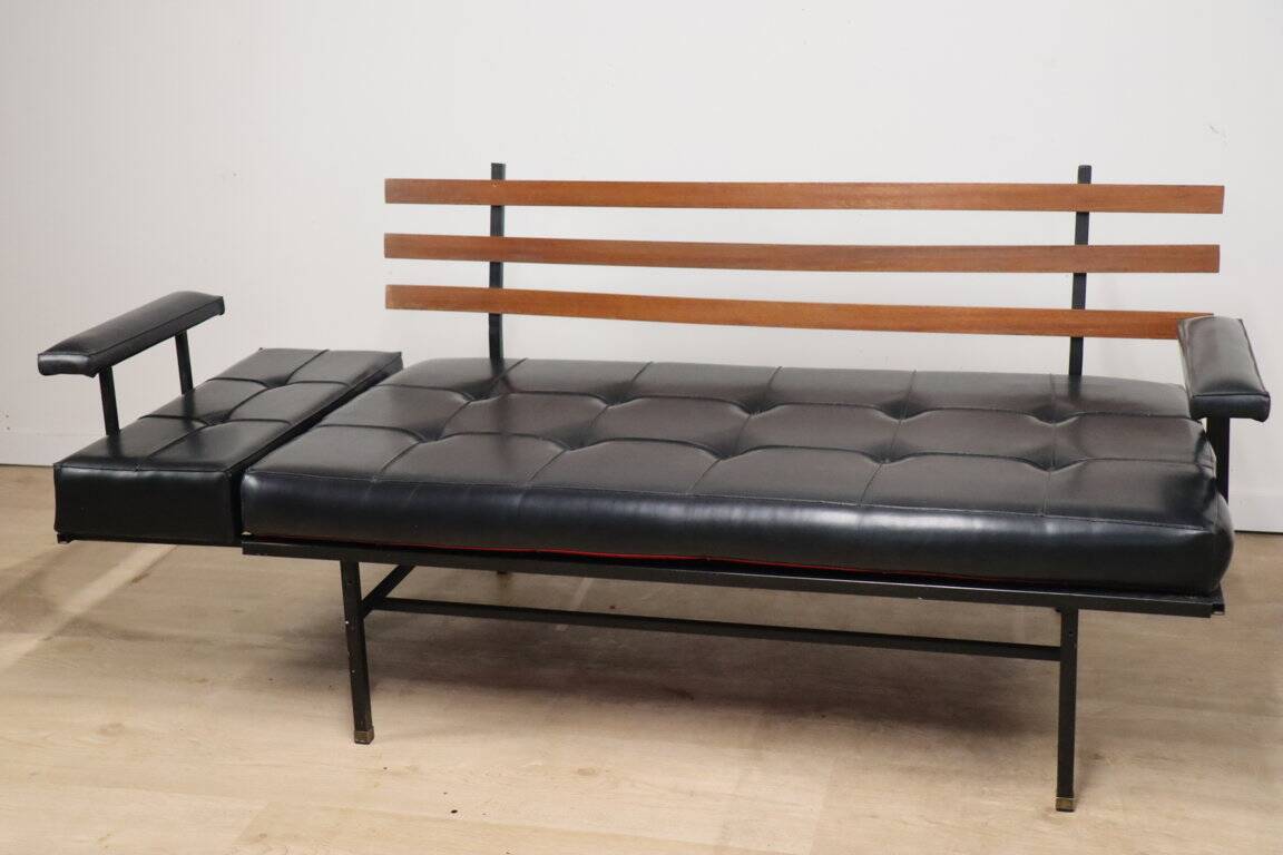 Vintage "Daybed" sofa bench in metal and imitation leather, 1950