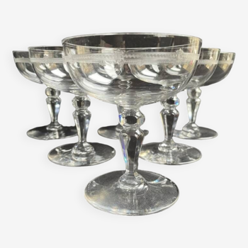 6 champagne glasses in light blown, cut and guilloché crystal