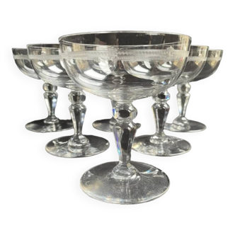 6 champagne glasses in light blown, cut and guilloché crystal