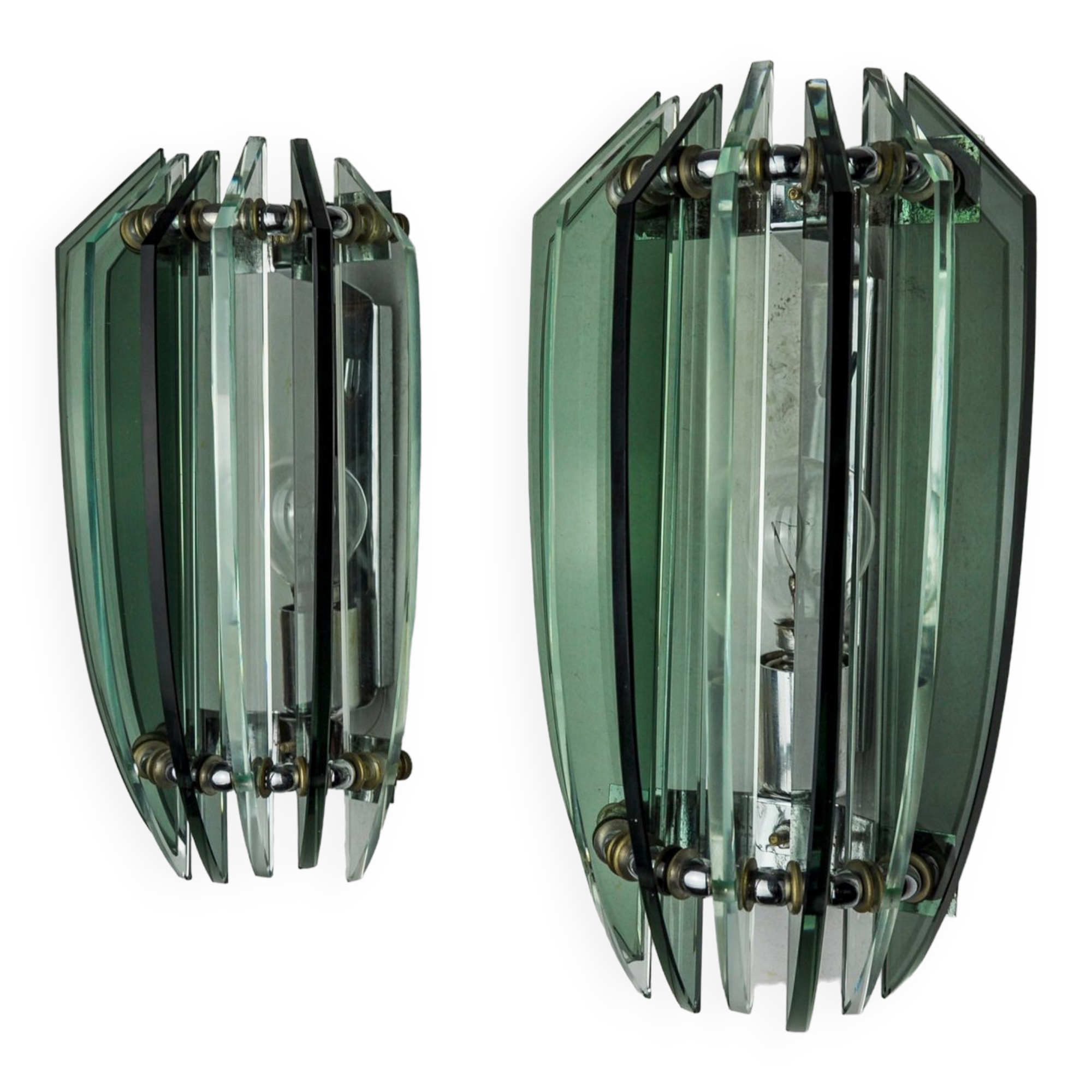 Pair of veca bicolor wall lamps, green murano glass, italy 1970