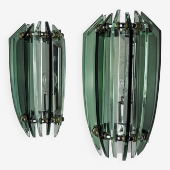 Paire d'appliques veca bicolore, verre murano vert, italie 1970