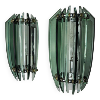 Pair of veca bicolor wall lamps, green murano glass, italy 1970