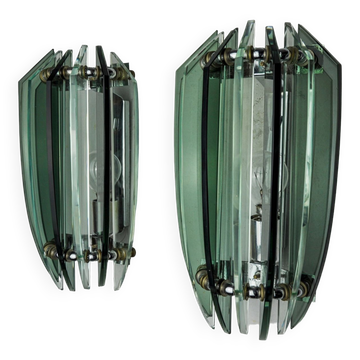 Pair of veca bicolor wall lamps, green murano glass, italy 1970