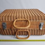 Mallette ou valisette en osier avec doublure en tissu vintage