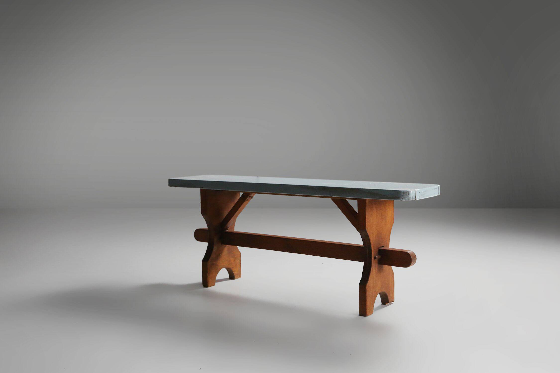 Rustic Art Deco Wooden Bench with Blue Top, France, 1930s