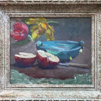 Tableau HST/P pochade "Nature morte à la pomme" + cadre