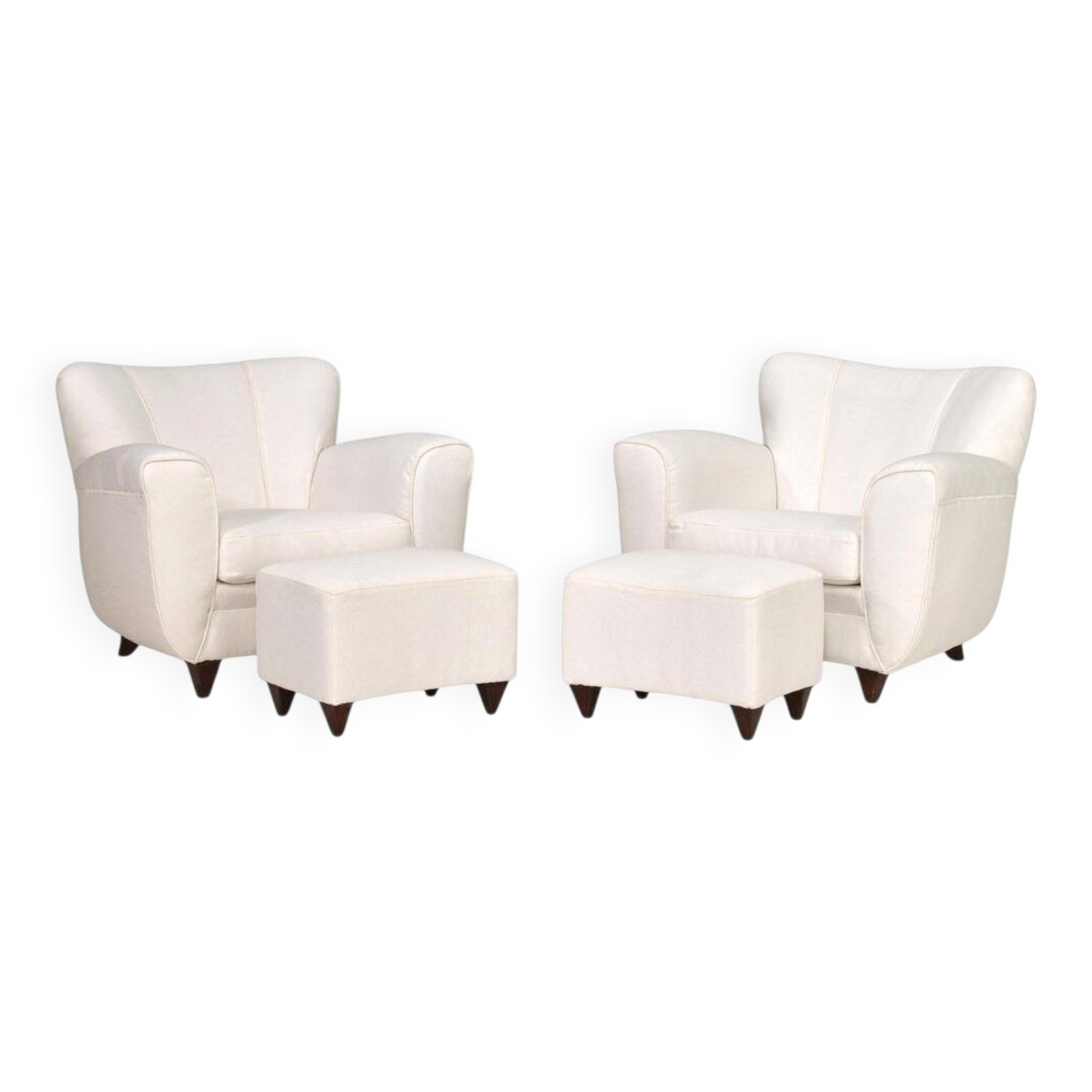 2 sets of Italian armchair with pouf in white fabric, Italy, 1940s