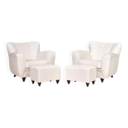 2 sets of Italian armchair with pouf in white fabric, Italy, 1940s