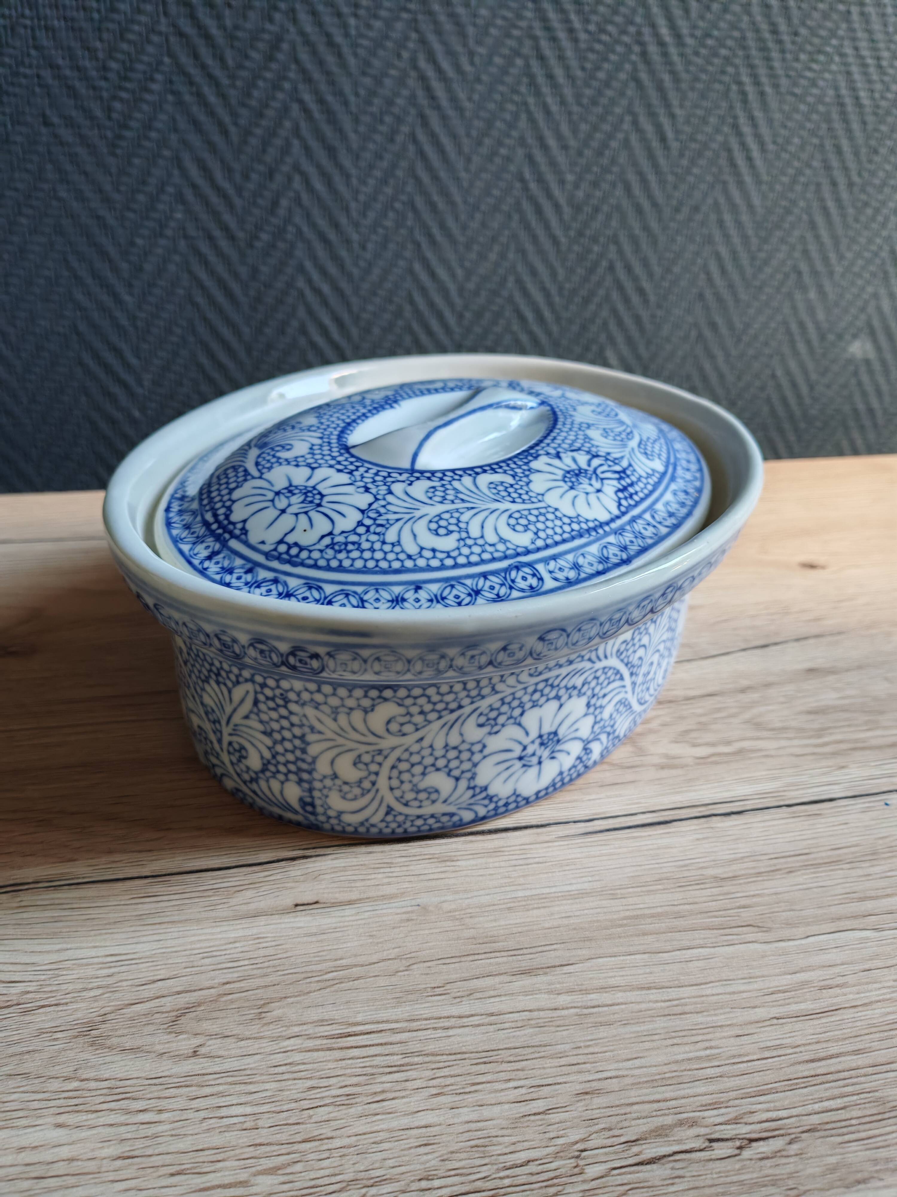 Oval Vintage Terrine in Blue and White Porcelain, Casserole with Lid