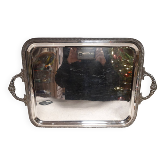 Silver-plated service tray with handles, neoclassical decoration.