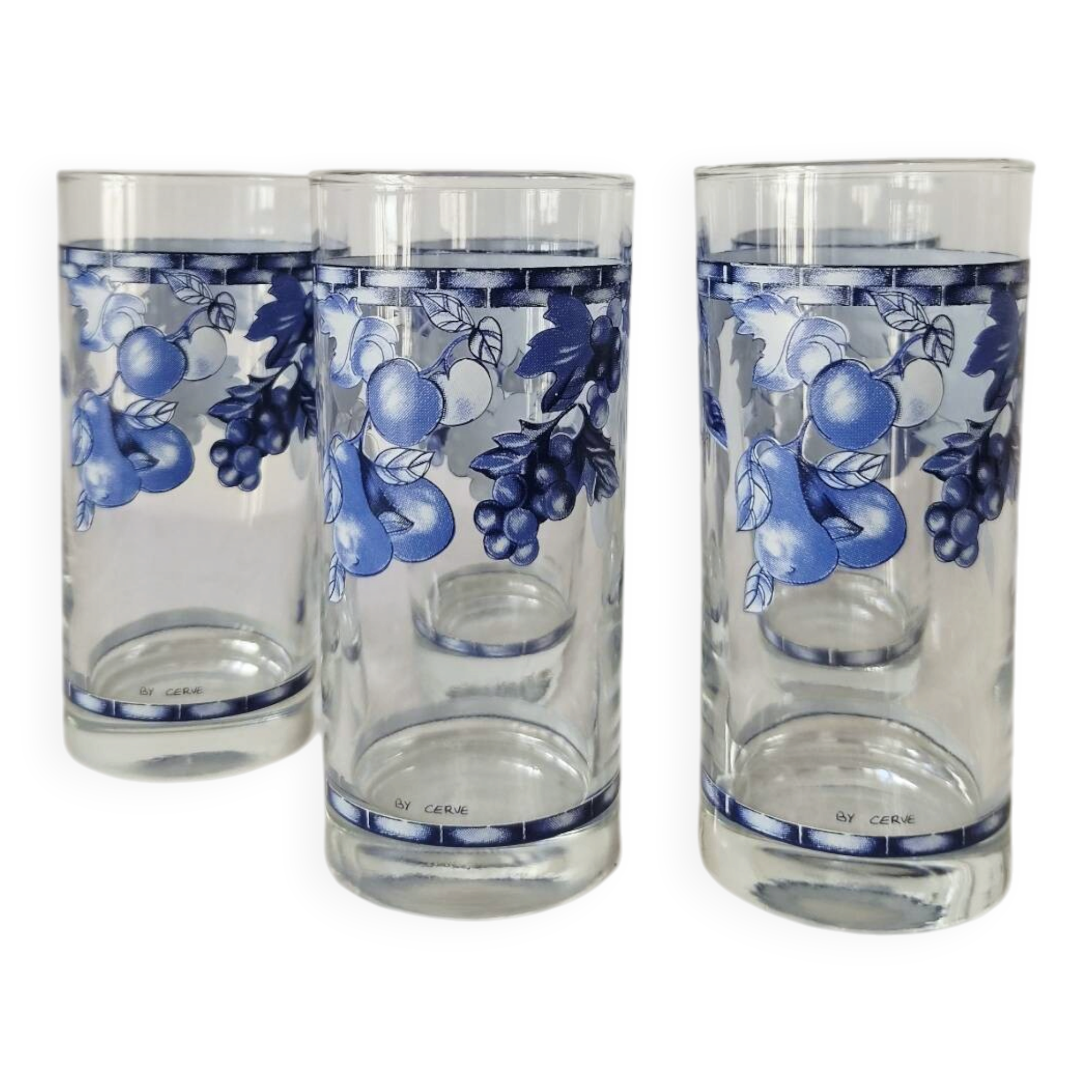 Set of 5 vintage glasses "Blue Fruit Pattern" 1970s - by Cervé Italy