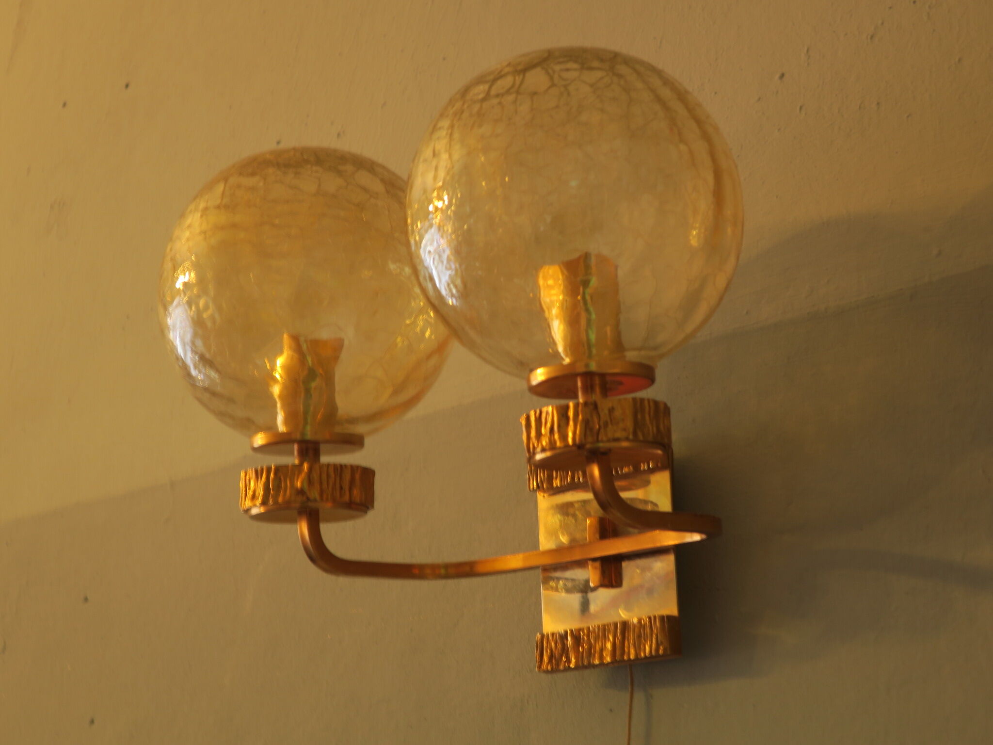 Brass and glass doiuble wall light with gold overlay, 1970