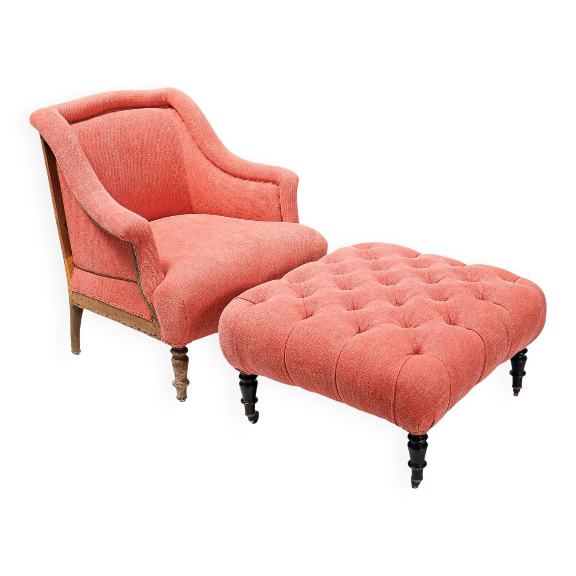 Napoleon III salon armchair in brick red linen with a tufted footrest.