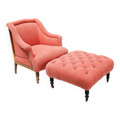 Fauteuil de salon Napoléon III en lin rouge brique et repose-pieds capitonné