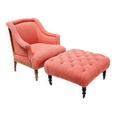 Fauteuil de salon Napoléon III en lin rouge brique et repose-pieds capitonné