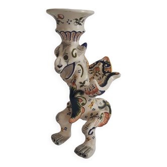 Faience hand candle holder in the shape of a Rouen dragon