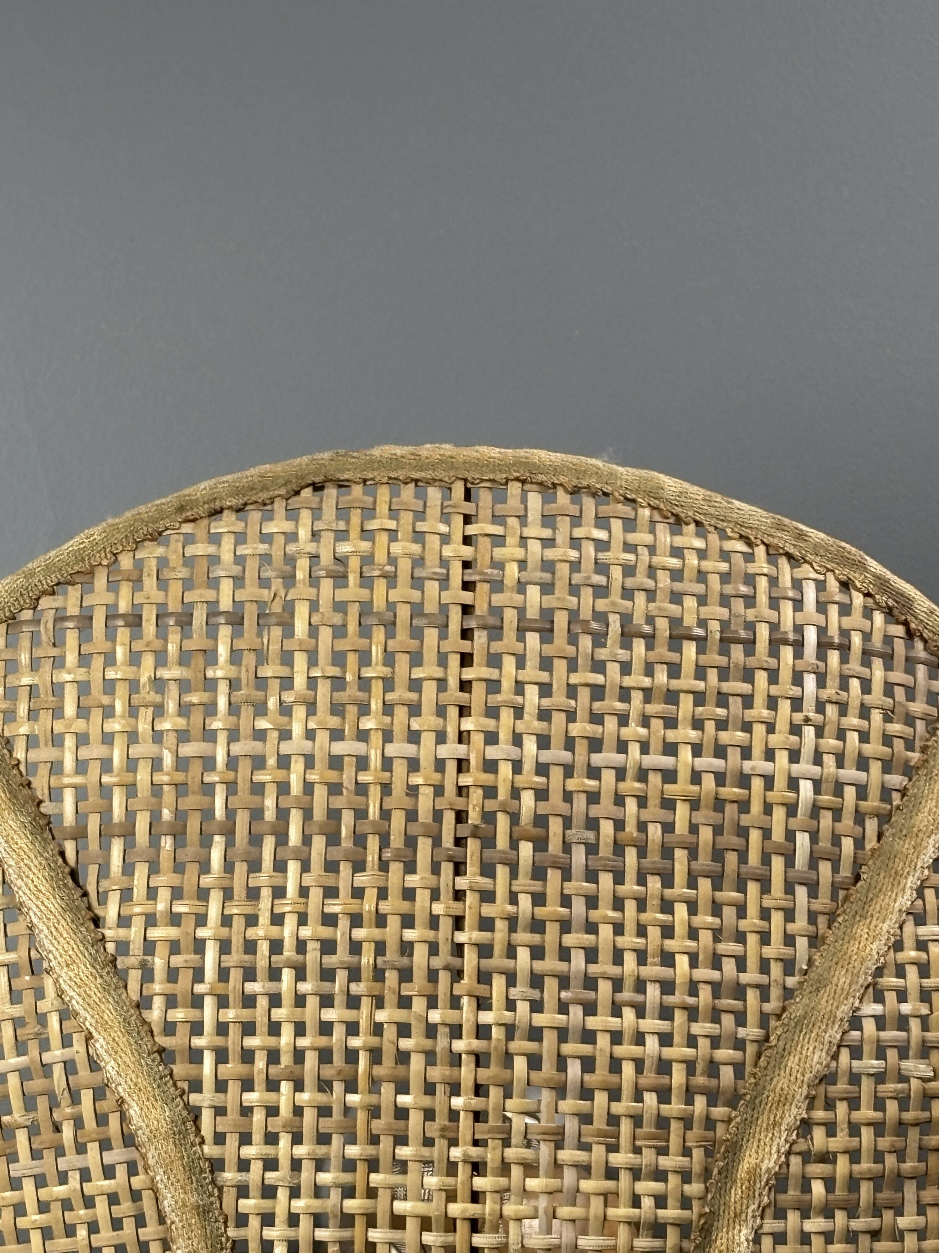 Pair midcentury Italian rattan wicker pine brass scallop wall sconces 1970s