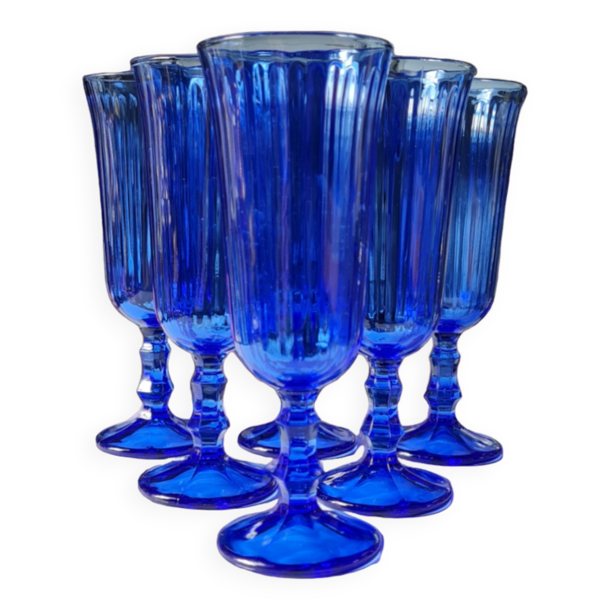 Set of 6 blue vintage champagne flutes