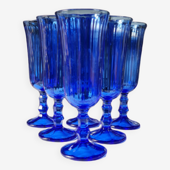 Set of 6 blue vintage champagne flutes