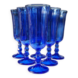 Set of 6 blue vintage champagne flutes