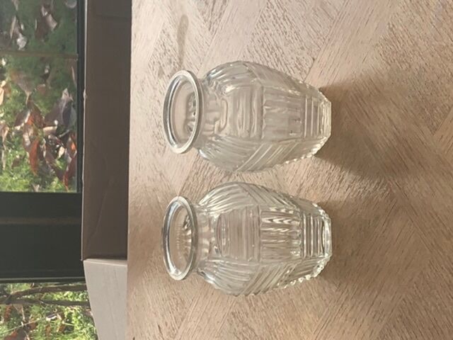 Two hyacinth vases in molded glass with vintage geometric patterns