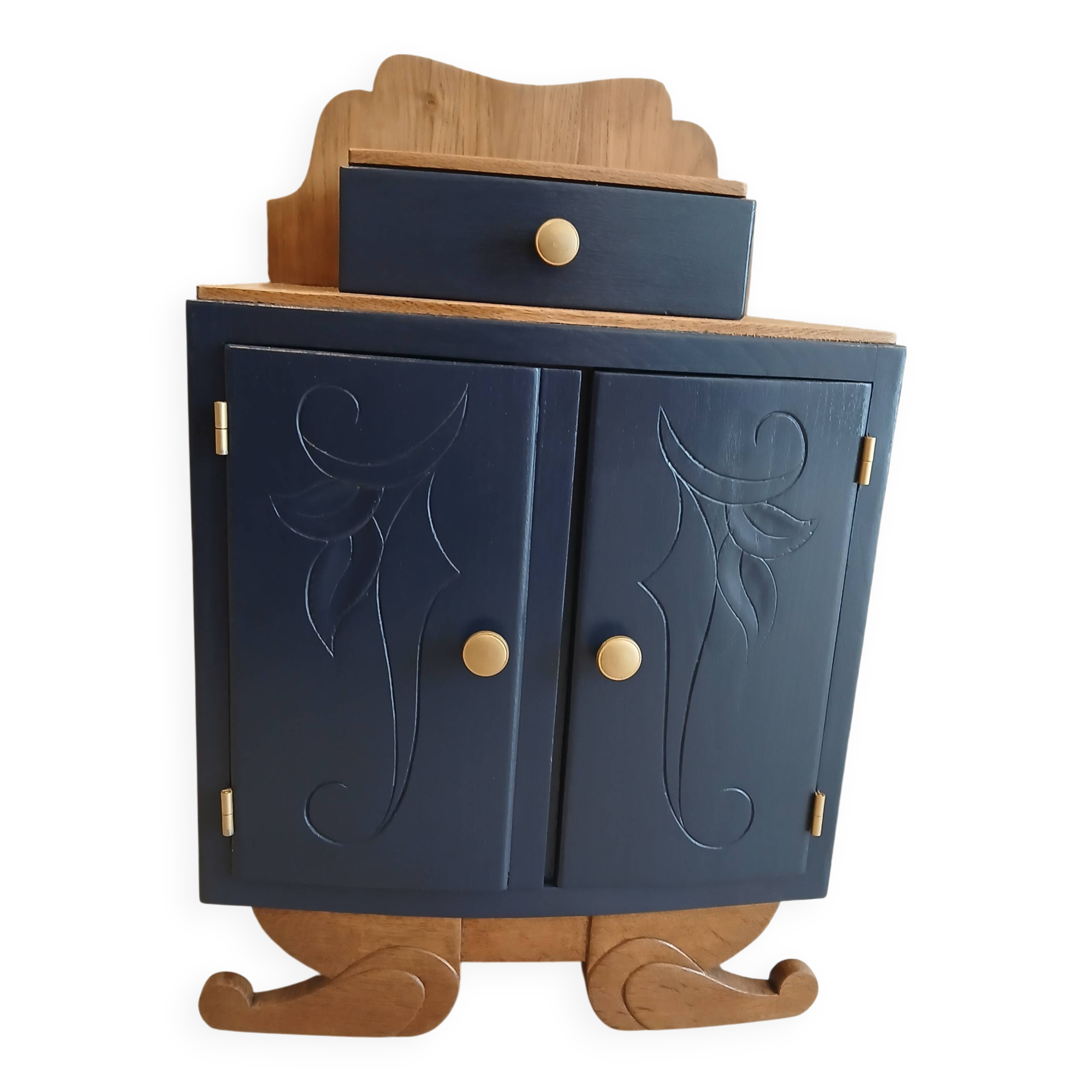 deep blue and wood refurbished bedside table