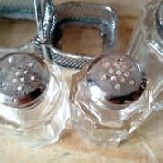Set of 2 small salt pots and mustard pot in molded glass on their metal servant